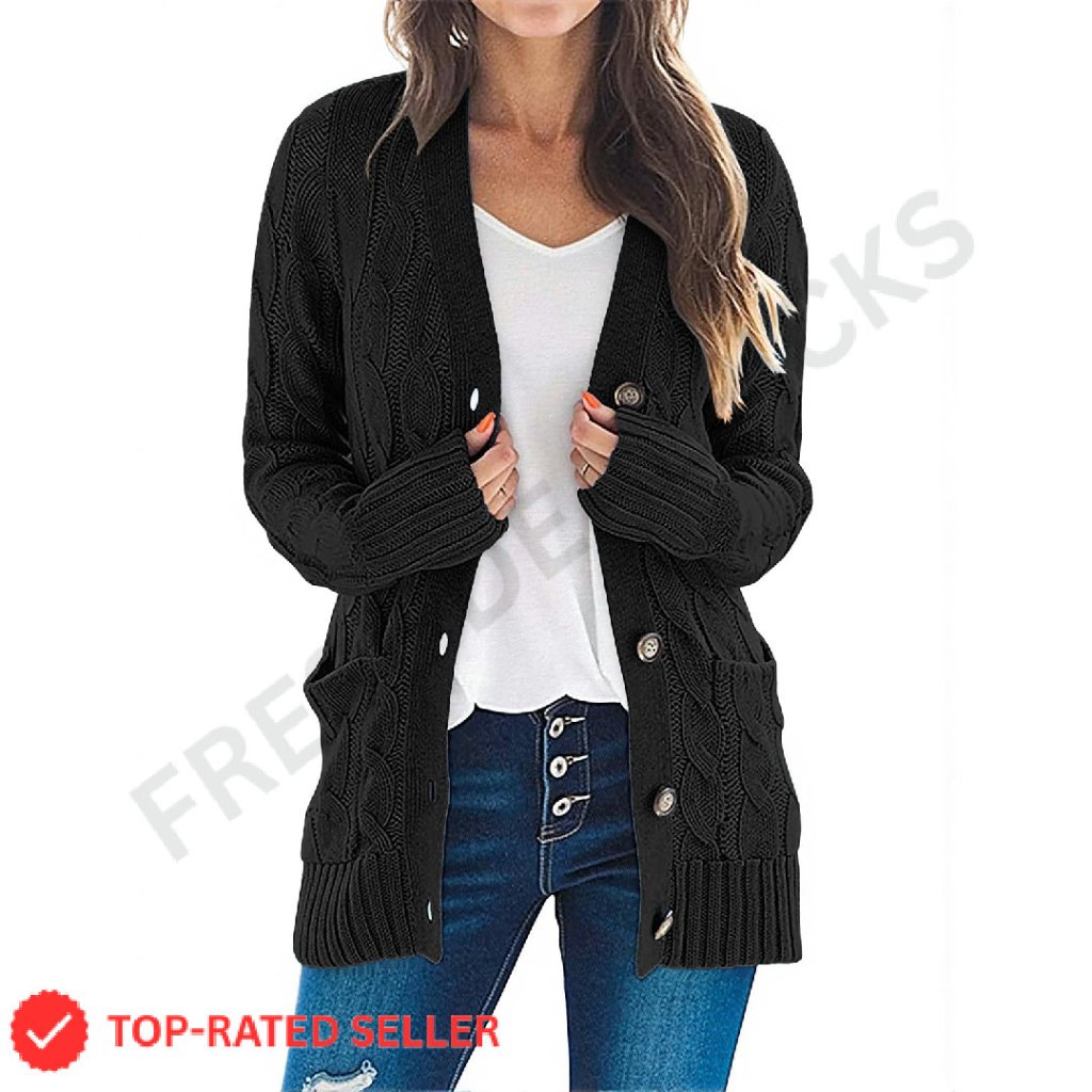 Cable Knit Cardigan Open Front Button Loose Fit Cozy Fall Winter Outerwear